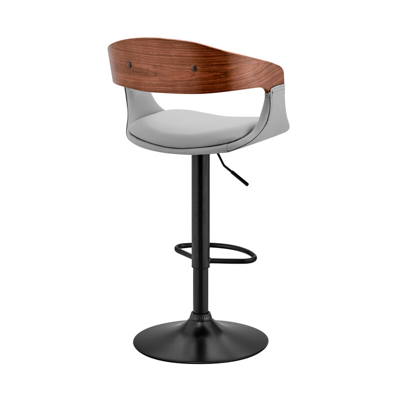 Benson Adjustable Gray Faux Leather and Walnut Wood Stool with Black Base