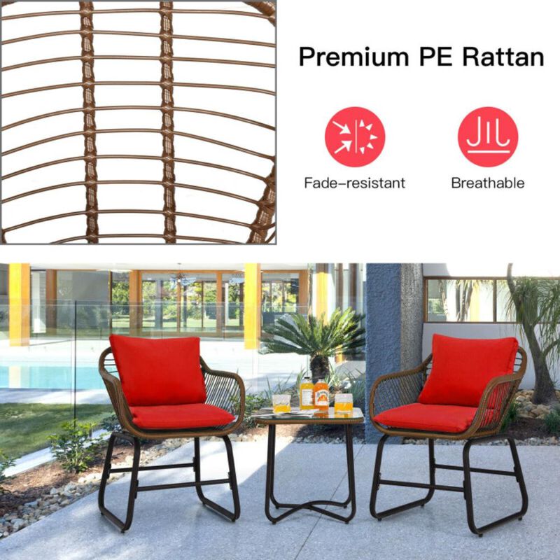 Hivvago 3 Pieces Patio Rattan Bistro Set with Cushions and Glass Table