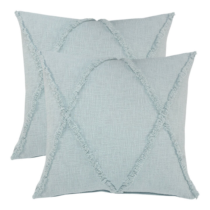 HomeRoots Set of Two Blue Diamond Cotton Throw Pillow With Fringe