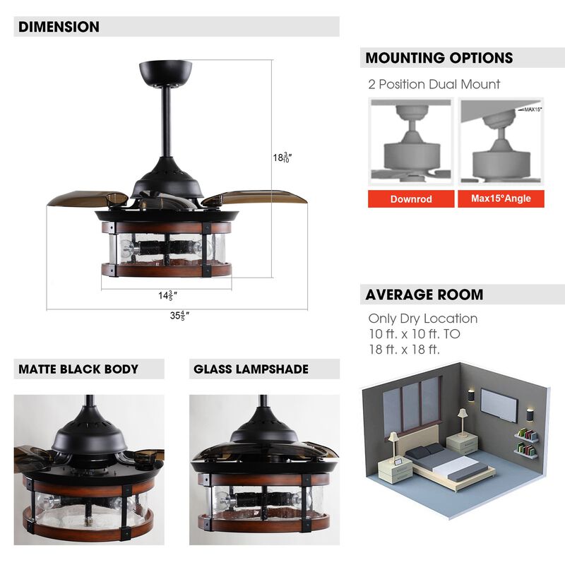 36 in. Industrial Retractable 3 Blades Ceiling Fan Chandelier with Remote