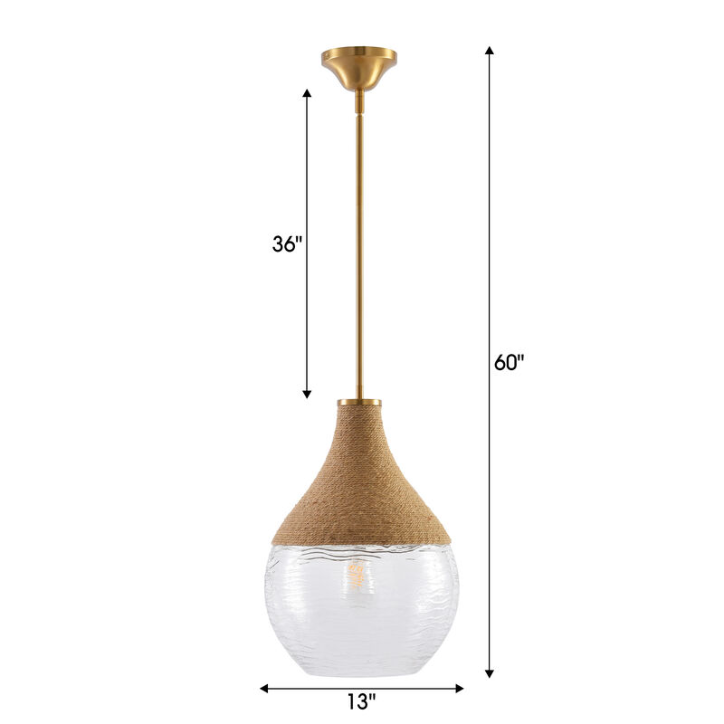 13" Modern Coastal Gold Hemp Rope Pendant Light with Vase-Shaped Water Glass Shade for Bedroom, Living Room or Kitchen Island image number 5