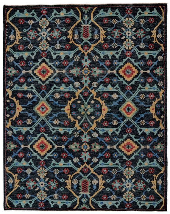 2 X 3 Blue Yellow And Red Wool Floral Hand Knotted Distressed Stain Resistant Area Rug With Fringe