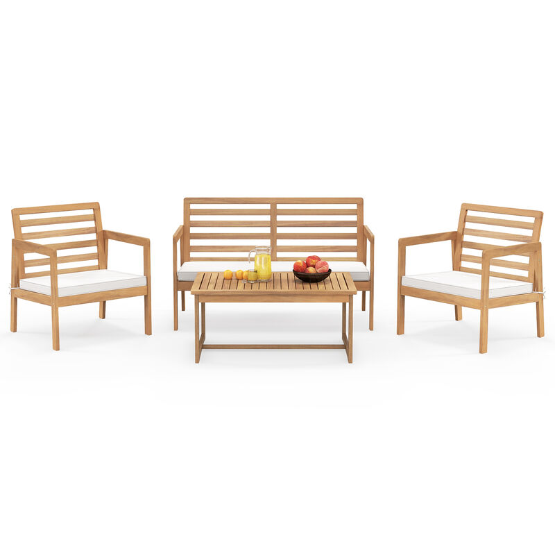 4 Piece Wood Patio Conversation Set with 2 Armchairs and Coffee Table-White