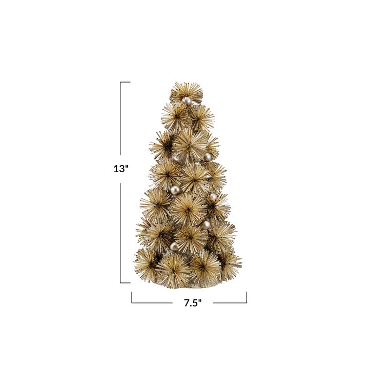 Glittered Tinsel Ball Tabletop Tree with Gold Beads, Silver Finish