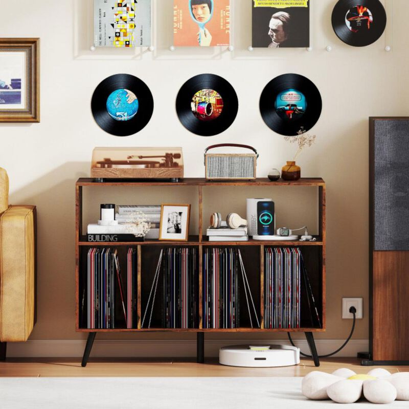 Hivvago Record Player Stand with Charging Station and Open Shelves