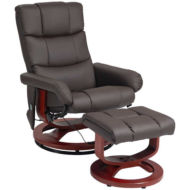 HOMCOM Massage Recliner Chair with Ottoman, Swivel Recliner and Footrest, Faux Leather Reclining Chair with Remote Control and Side Pocket, Brown