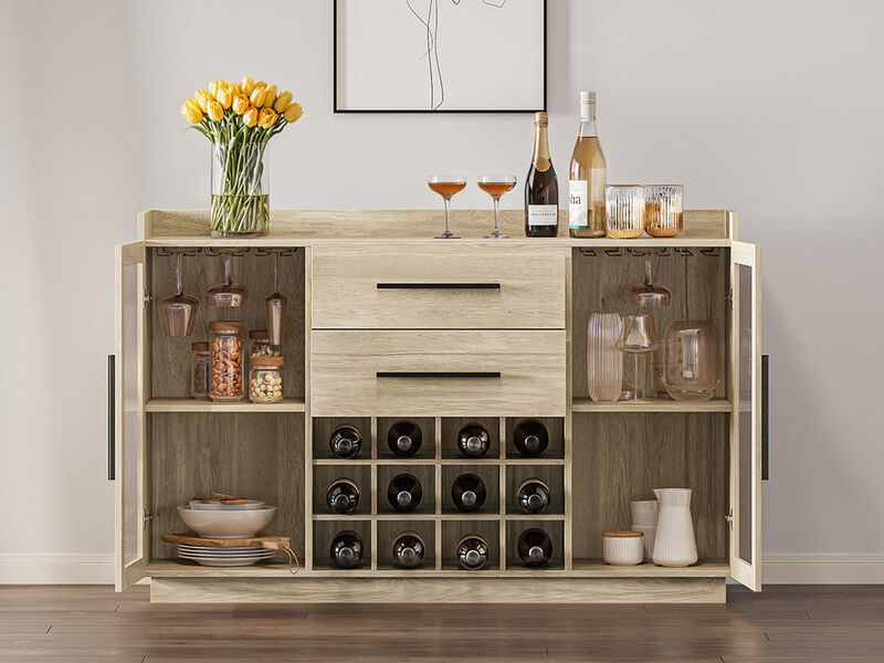 BELLEZE 55" Wine Cabinet, Sideboard Buffet with Wine Rack and Glass Holder, Home Coffee Bar Freestanding Liquor Cabinet with Display Glass Doors for Living Room, Dining Room - Marcel (White Lotus)