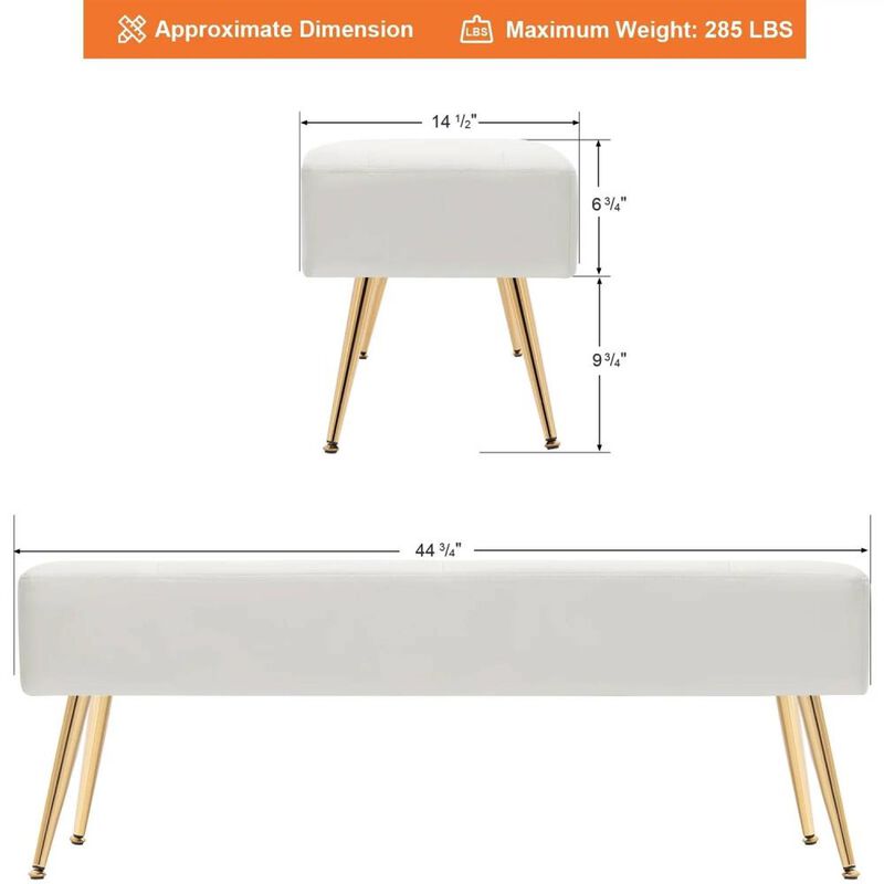 Hivvago Modern Bed Bench Ottoman with White Ivory PU Leather Seat and Gold Metal Legs