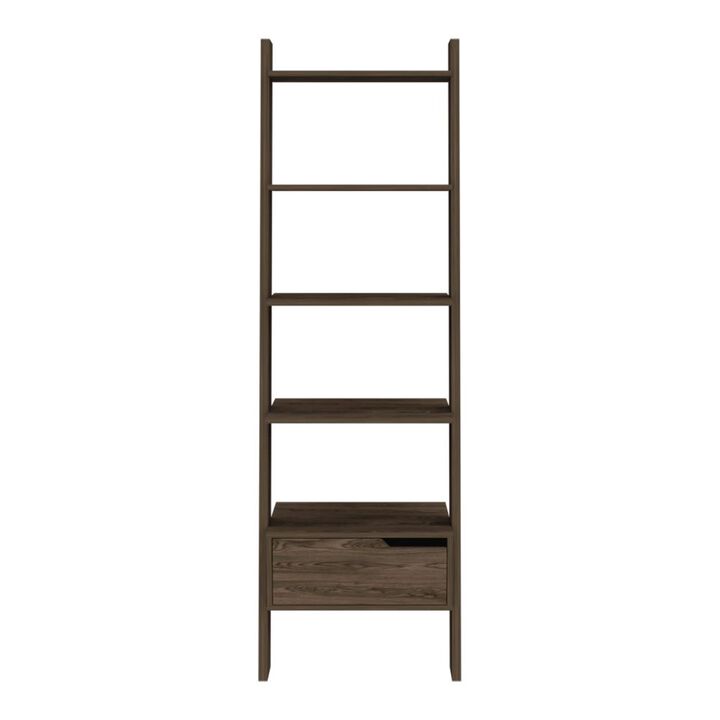 DEPOT E-SHOP Kobe Ladder Bookcase, One Drawer, Five Open Shelves, Dark Walnut