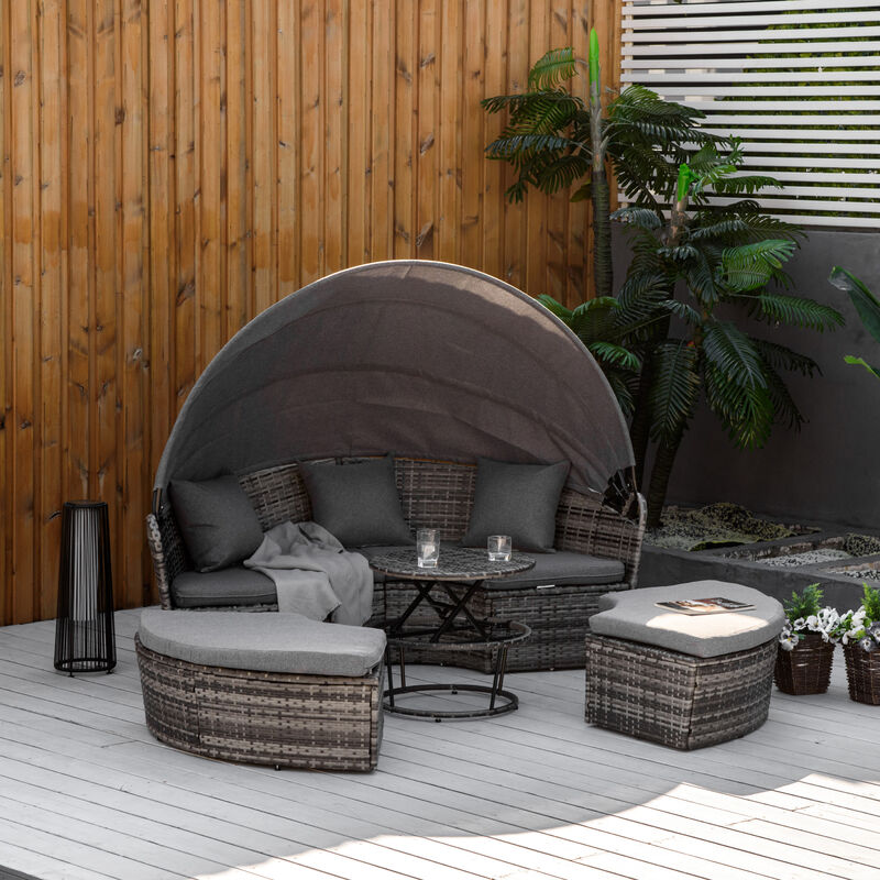 Outsunny 4 Piece Round Rattan Daybed, Convertible Patio Furniture Set, Adjustable Sun Canopy, Sectional Outdoor Sofa, 2 Chairs, Extending Tea Table Ottoman Chair, 3 Pillows, Gray
