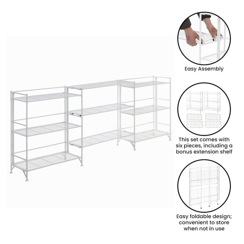 Convenience Concepts 3 Tier Wide Folding Metal Shelves with Set of 3 Deluxe Extension Shelves