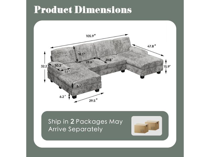 Convertible Sectional Sofa 4 Seat U Shaped Modular Sleeper with Double Chaise Grey image number 2