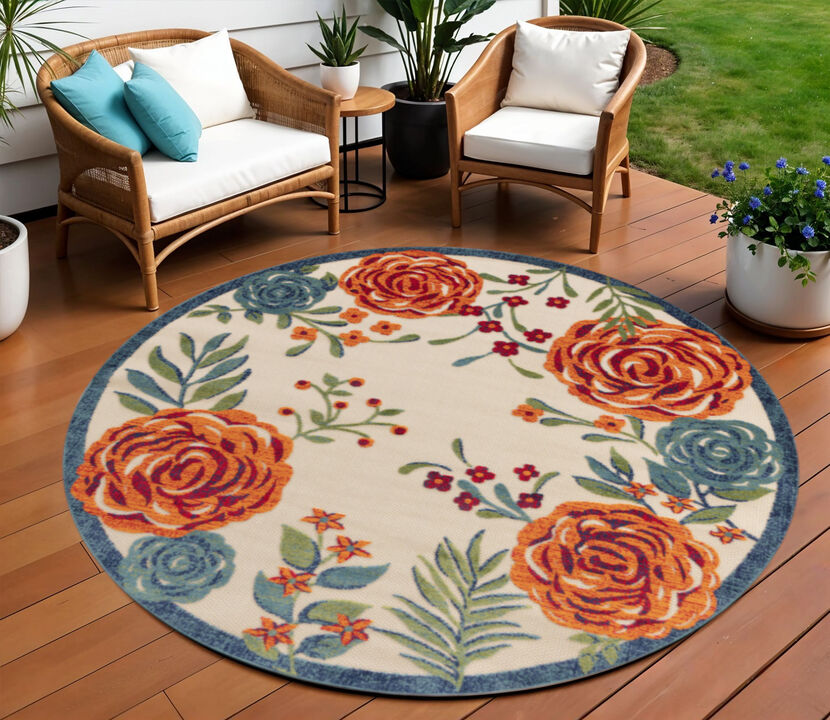 HomeRoots 8' Ivory Orange Green And Blue Round Floral Indoor Outdoor Area Rug