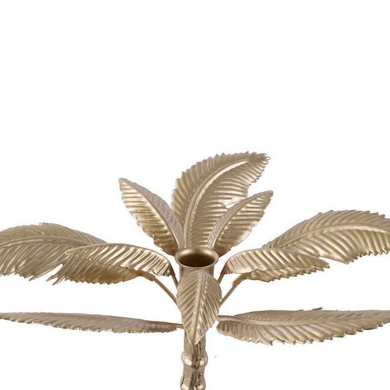 16 Inch Tall Artisan Candle Holder Inspired by A Palm Tree, Iron, Gold - Benzara