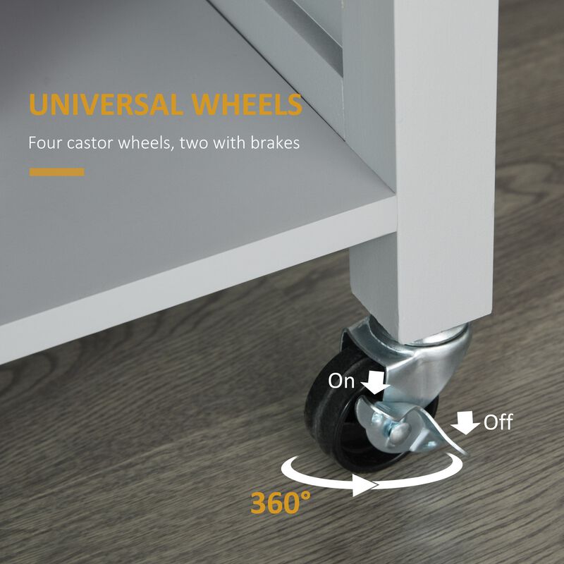 Grey Rolling Kitchen Island Cart on 360° Swivel Wheels, Wooden Kitchen Cart with Side Towel Rail and Drawer image number 4