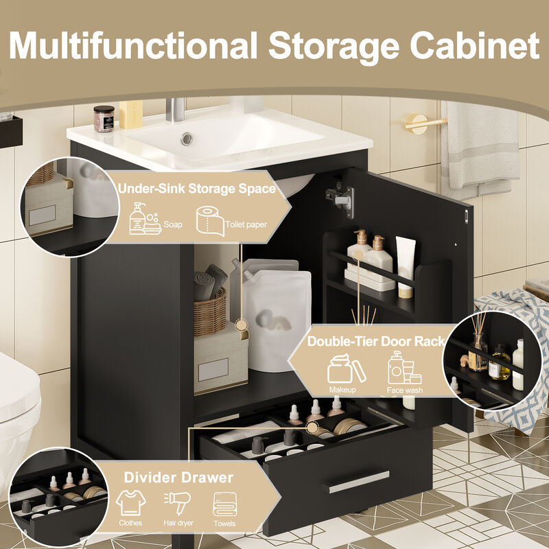 Whisen 20-Inch Modern Bathroom Vanity with Ceramic Sink, Soft-Close Drawers and Door Organizer, Divider Drawer, and Adjustable Plastic Foot Pads