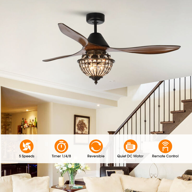 52" Farmhouse Brown Crystal Chandelier Ceiling Fan with Remote Control