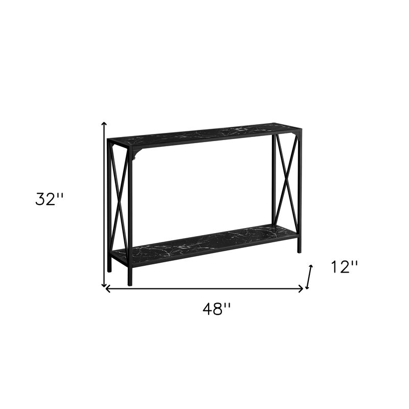 HomeRoots 48" Black Wood and Metal Faux Marble Console Table With Shelf image number 3