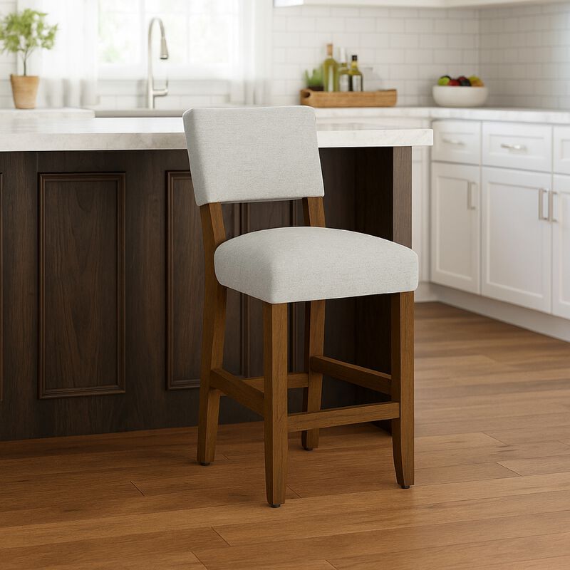 Bowo Counter Stool Chair, Gray Woven Fabric, Brown Hardwood Legs