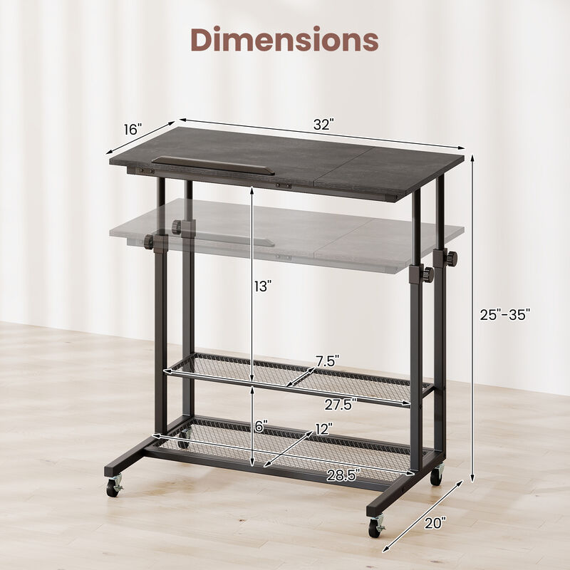 Rolling Standing Desk with Height Adjustment and Tilt Function Tabletop image number 2