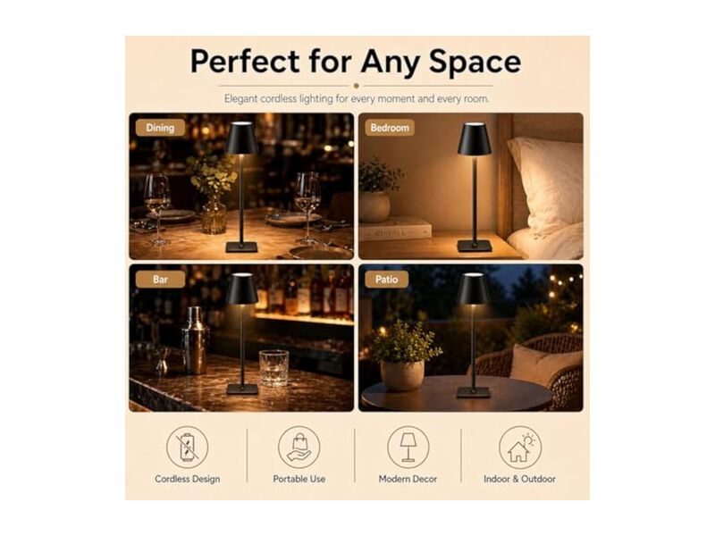 Cordless Rechargeable LED Table Lamp Minimalist 2 Pack Portable Black Bedroom image number 2