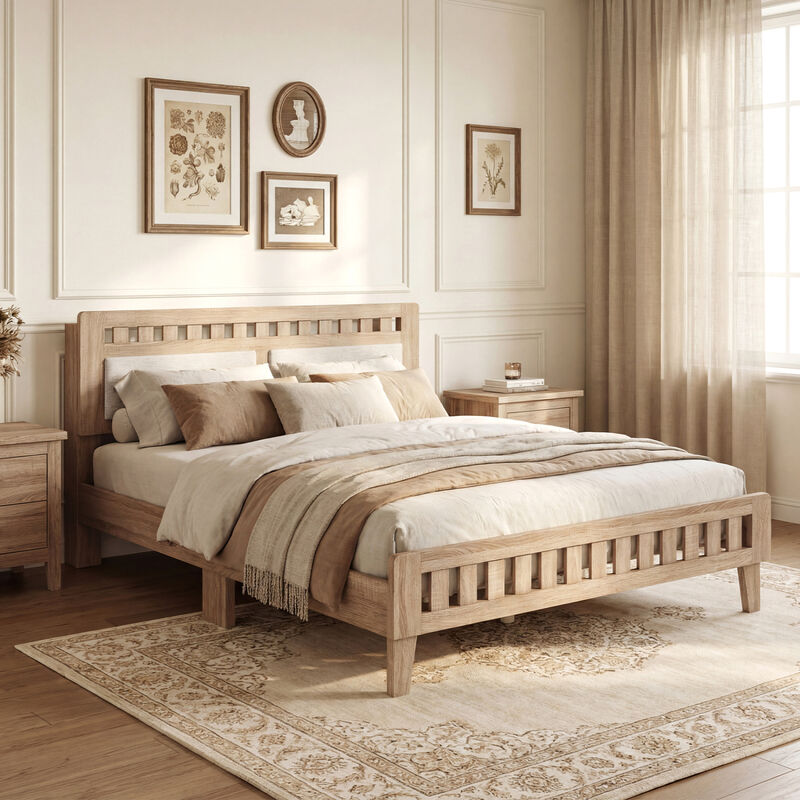 Modern Wood Bed Frame with Upholstered Headboard for Home Bedroom-Natural image number 4
