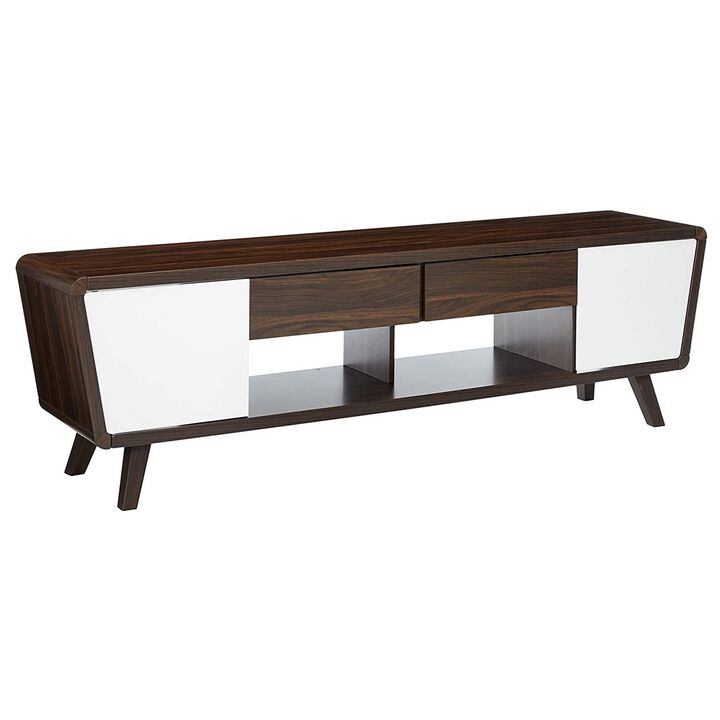 Glittering Two Tone Mid Century Modern TV Stand, White and Brown-Benzara