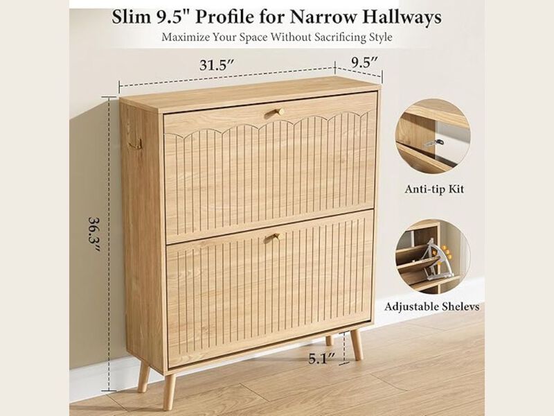 Slim Entryway Wood Shoe Cabinet Flip Drawer Adjustable Space Saving Natural Oak image number 2