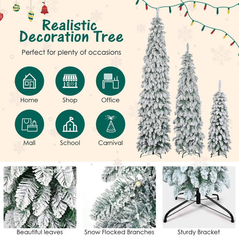 Whisen 8FT, 6FT, 4FT Pre-Lit Pencil Christmas Trees, 3-set Slim Artificial Christmas Tree With Snow Flocking, Xmas Holiday Decoration Tree, 1455 Branch Tips, 520 LED Lights image number 6