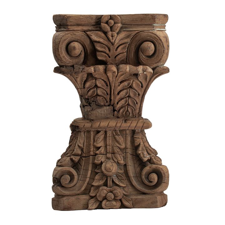 19 Inch Classic Stool Table, Carved Pillar Accent, Wood, Antique Brown - Benzara