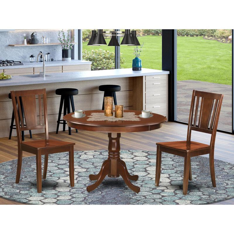3 Pc set with a Round Small Table and 2 Wood Dinette Chairs in Mahogany