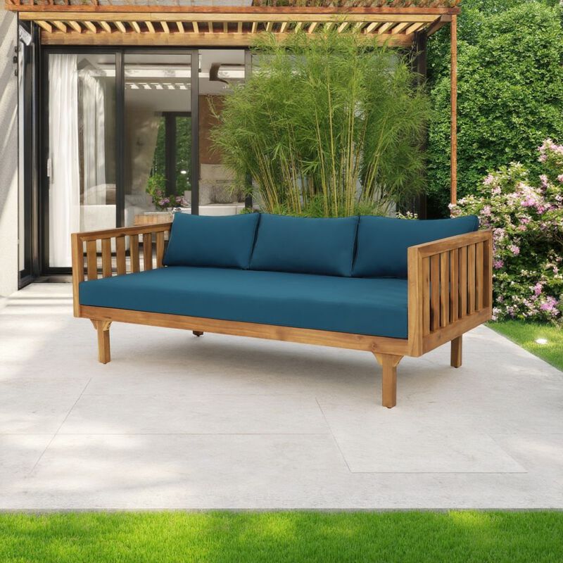 Clara Outdoor 3 Seater Daybed Sofa, Slatted Teak Wood, Blue Fabric image number 1