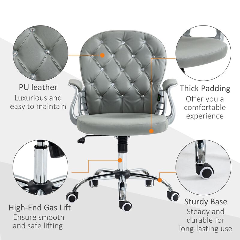 PU Leather Home Office Chair, Button Tufted Desk Chair with Padded Armrests, Adjustable Height and Swivel Wheels, Gray