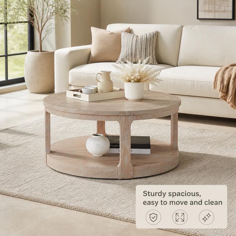 GOODSILO 40 Inch Large 2-Tier Round Wooden Center Coffee Table with Wheels, Rustic Style for Living Room Office Apartment image number 4