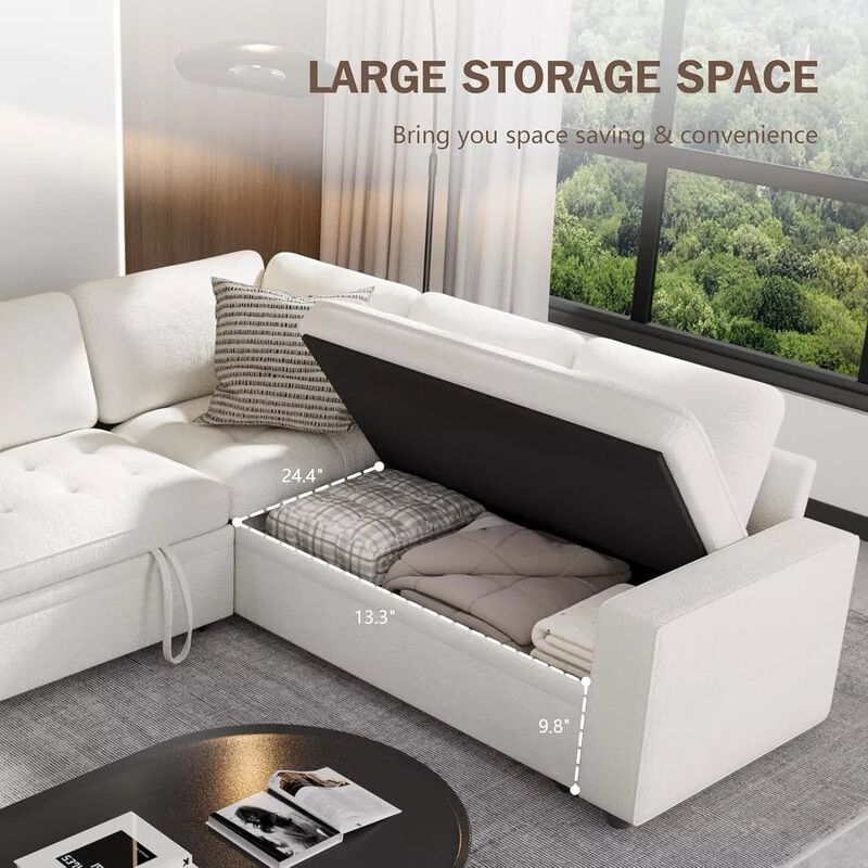 Vipbear 79" 5-Seat L-Shaped Sectional Sleeper Sofa Bed, Chenille Pull-Out Couch with Backrest image number 3