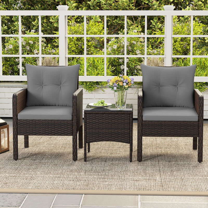 3-Piece Patio Wicker Furniture Set with Cushions for Balcony and Porch image number 4