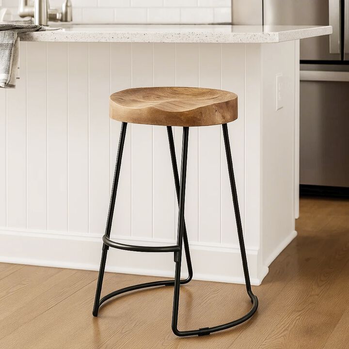 Ela Mango Wood Bar Stool, Saddle Seat, Iron Frame