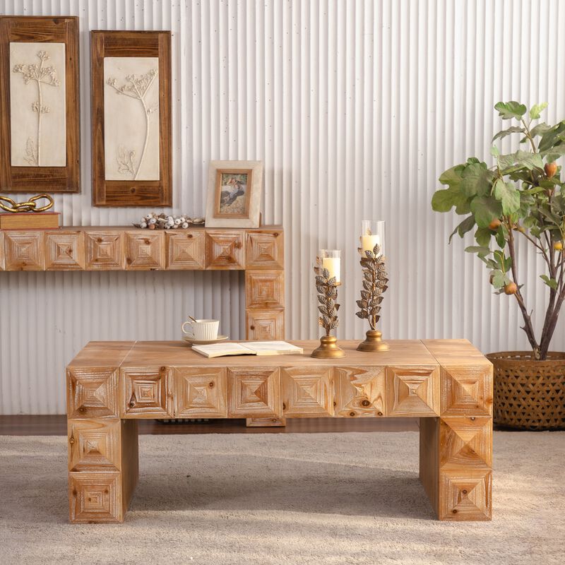 47.24"Rustic Geometric Relief Coffee Table-Rectangle Coffee Table with 3D Carved Details image number 2