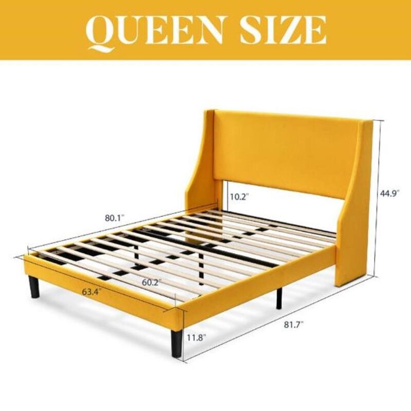 Hivvago Queen Size Yellow Linen Blend Upholstered Platform Bed with Wingback Headboard