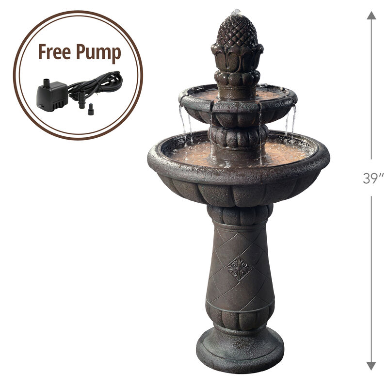 Teamson Home Outdoor Deluxe Pineapple 2-Tier Pedestal Fountain, Carbon Gray