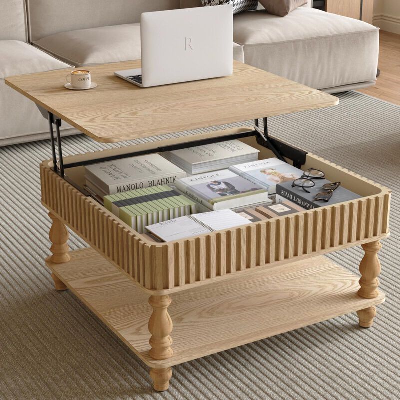 31.5 Inch Modern Square Lift-Top Coffee Table with Hidden Storage Tray, Fluted Wood Design, Wooden Living Room Center Table image number 2