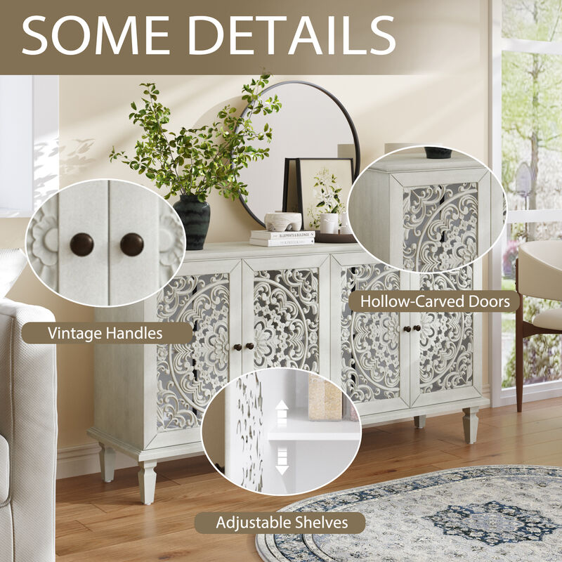 TATEUS 60" Antique Buffet Cabinet - Floral Carvings, Solid Wood Legs & Brass Handles