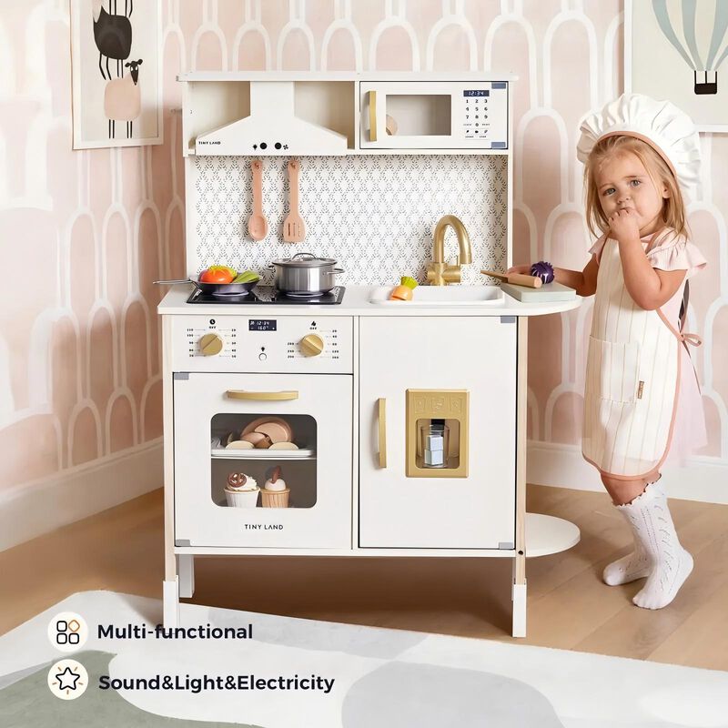 PopJoy Play Kitchen for Kids - Wooden Pretend Play Set with Lights & Sounds & Adjustable Height, Wooden Chef Pretend Play Set image number 3
