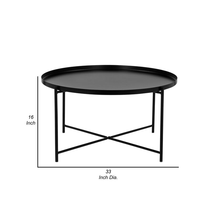 Ely 33 Inch Coffee Table, Round Tray Top, Cross Base, Black Metal Finish