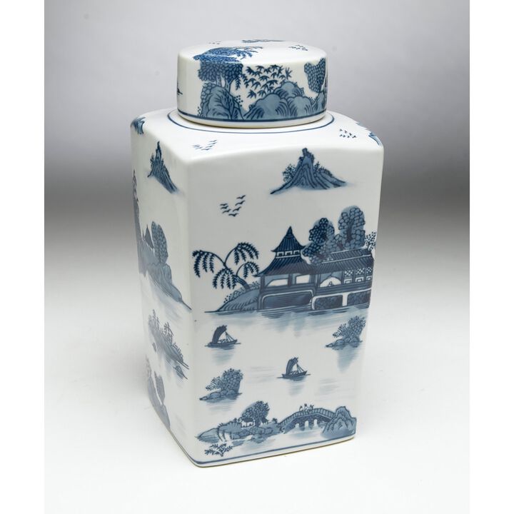 Aa Importing 59745 12 Inch Blue & White Square Jar
