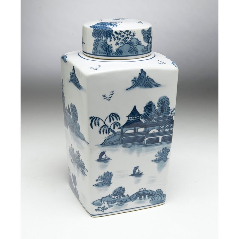 Aa Importing 59745 12 Inch Blue & White Square Jar image number 0