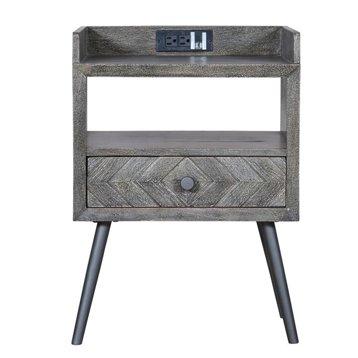 Shon 25 Inch Raised Top Wood End Side Table Nightstand with USB, Power Outlet, Distressed Gray- Benzara
