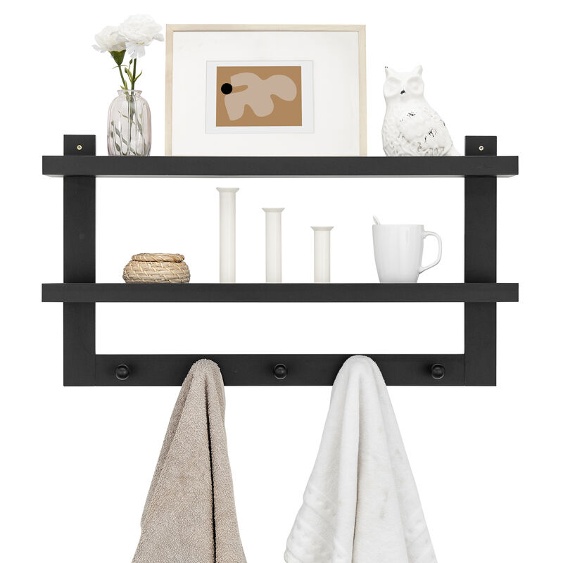 Two-Tier Ledge Shelf Wall Organizer with Five Hanging Hooks