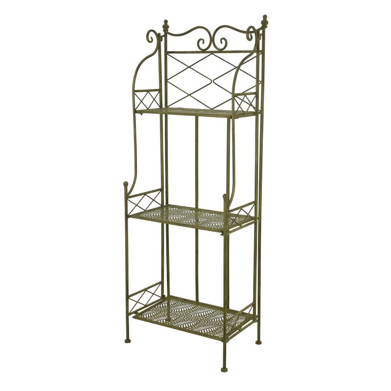 Monty Plant Stand, 3 Tier Shelves Classic Scrolled Green Metal 44 Inch - Benzara