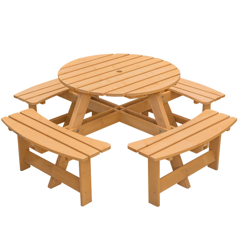 Wooden Outdoor Patio Garden Round Picnic Table with Bench, 8 Person - Stained